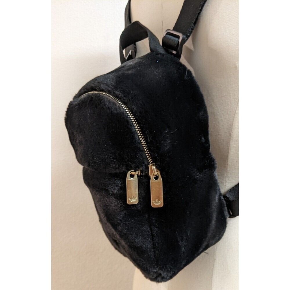 ADIDAS Black Faux Fur Adjustable Mini-Backpack Gold Trefoil Hardware - Picture 11 of 16
